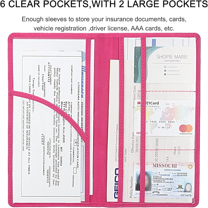 Premium Car Registration & Insurance Card Holder with Magnetic Shut, Vehicle Glove Box Car Organizer - For Documents, Cards, License (Rose red)