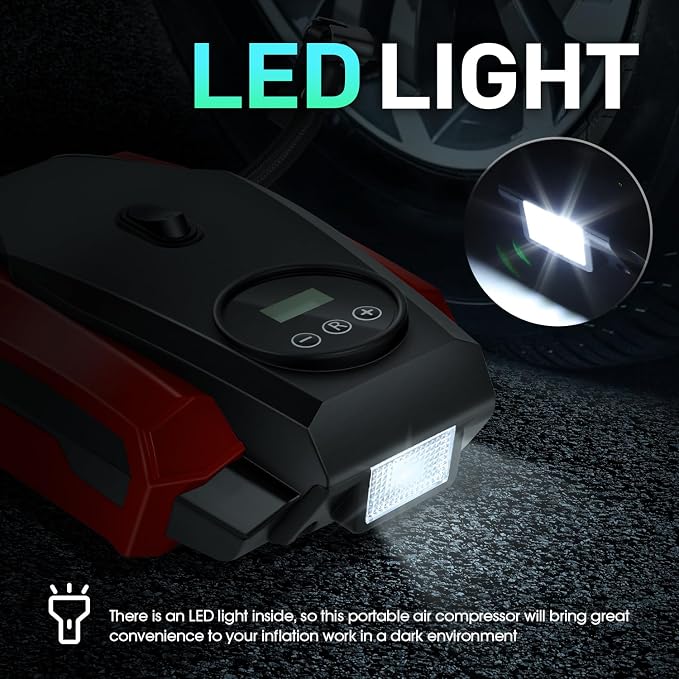 Tire Inflator Portable Air Compressor, 12V DC Air Pump for Car Tires, Bike, Motorcycle, Ball, Electric Bike Tire Pump with Pressure Gauge, LED Light, Auto Shut Off, Red, TOOLS-00679-RD