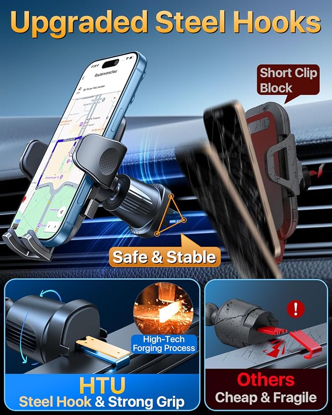HTU [2026 Latest Upgrade Military-Grade Anti-Shake Car Phone Holder, 90+LBS Strong Suction Car Phone Mount, 360° Rotatable Mount for Dashboard Windshield Vent, for iPhone 17/16 Pro Max, Deep Black