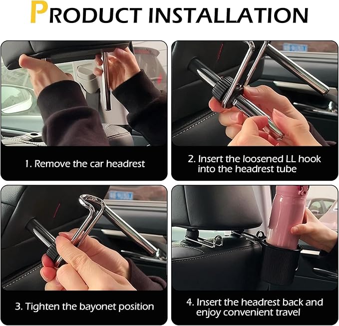 Headrest Hooks for Car, 10KG Ultra High Load Bearing Alloy Concealable Swivel Buckle Design Headrest Pole Hook, Seat Headrest Storage Accessory, SayGoodbye to The Messy Space！ (Black)