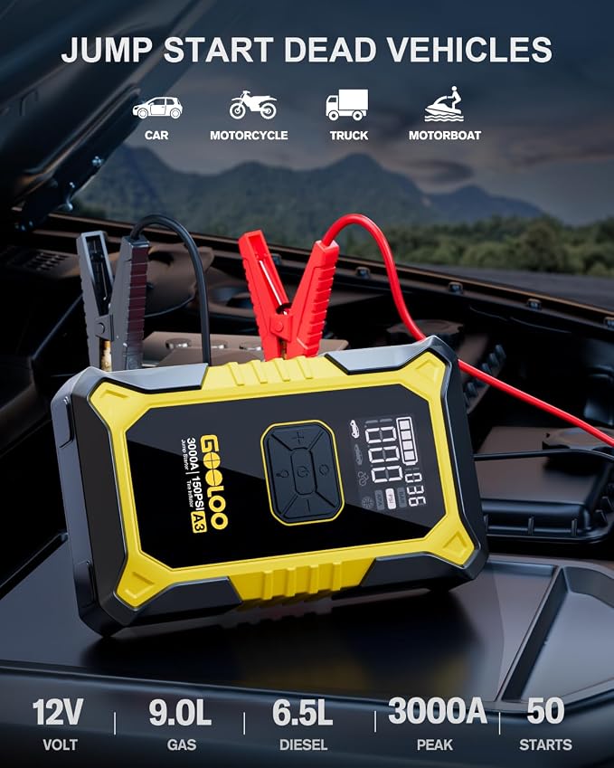 A3 Jump Starter with Air Compressor, 3000A Portable Car Battery Jumper Starter (9.0L Gas/6.5L Diesel) with 150PSI Auto-Shutoff Tire Inflator, 12V Supersafe Lithium Jump Box Car Booster, Yellow