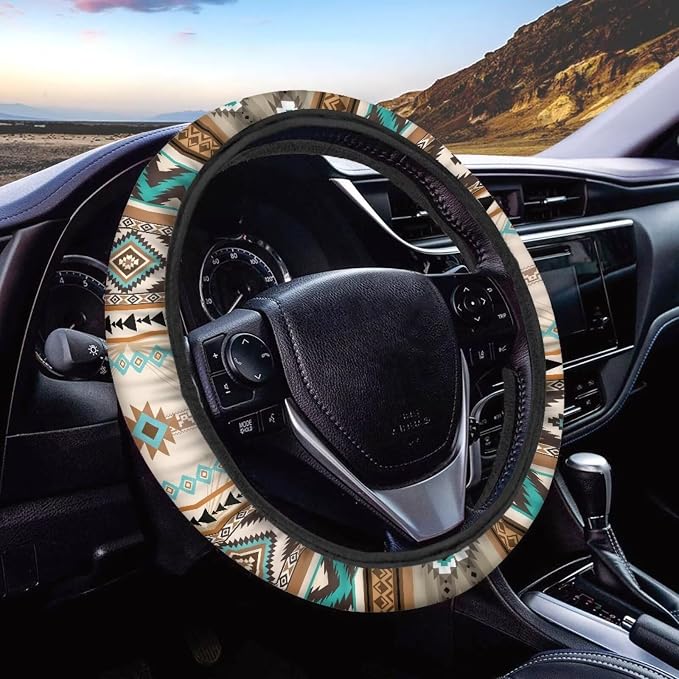 Southwest Aztec Beige Blue Car Steering Wheel Cover Universal 15 Inch Auto Accessories Car Interior Decoration for Women Men Fit SUV Sedans Vans Trucks