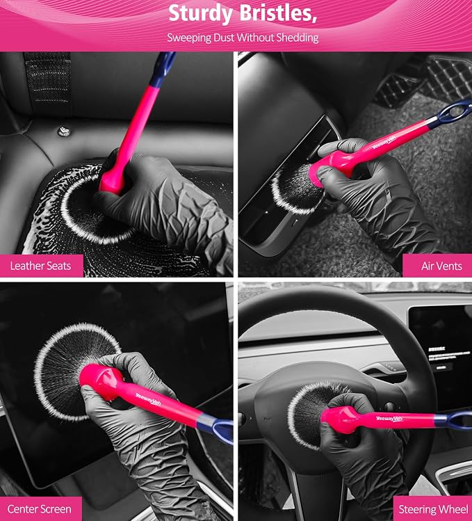 6PCS Car Detailing Brush Set, 3pcs Boars Hair Detailing Brushes, 3pcs Ultra Soft Detail Brush for Leather Seat Air Vents Engine Bay, Detail Brushes Car Detailing for Interior Exterior, Pink