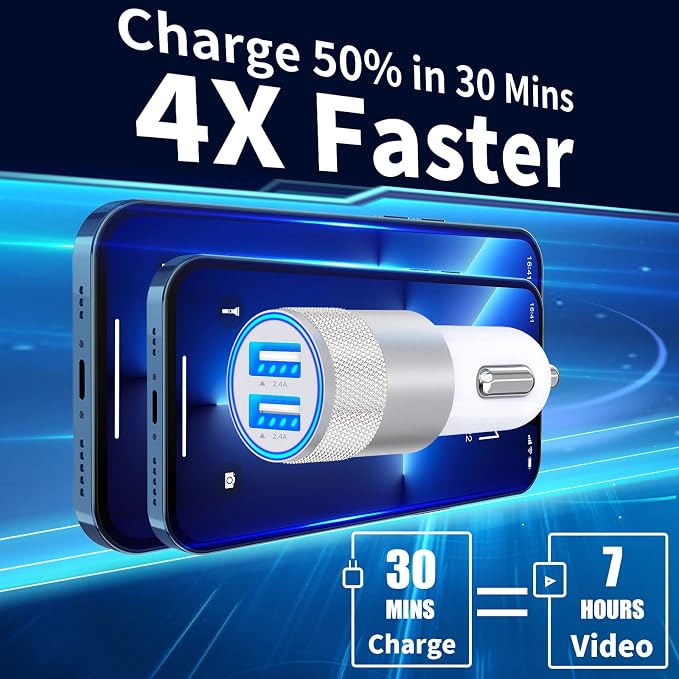 【MFi Certified】iPhone Car Charger Fast Charging, 4.8A Dual USB Smart Power Cigarette Lighter USB Car Charger with 2Pack Lightning Cable for iPhone 14 13 12 11 Pro XS Max XR SE X 8 iPad AirPods