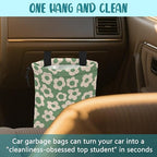 Car Garbage Bag Vintage Green Groovy Flowers Drawstring Car Trash Bag Hanging for Back Seat with Adjustable Buckle Canvas Vehicle Trash Can Easy-to-Install
