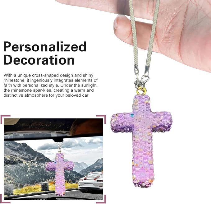 Bling Cross Car Hanging Accessories, Crystal Rhinestone Rear View Mirror Pendant, Religious Rearview Mirrors Decoration Charm, Car Hanging Ornament, Automotive Interior Accessories (Purple)