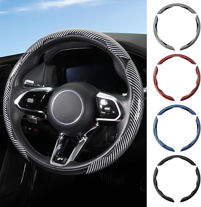Universal Steering Wheel Cover,Carbon Fiber,3pcs Set(silver) | Clip-On Segmented Fit;Carbon Fiber Look;Fits Most 14-16 in Round or D-Shaped Wheels;Easy Wipe Clean;Non Slip;4 Colors