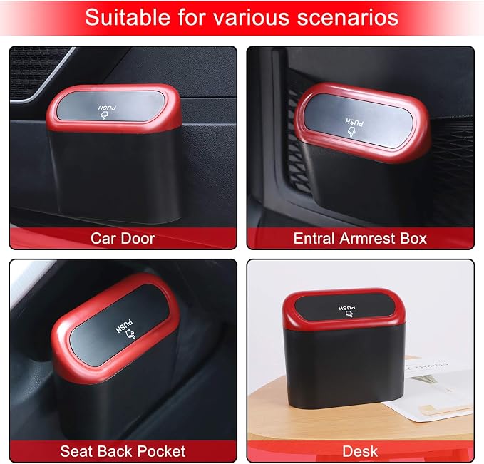 Car Trash Can with Lid, Mini Vehicle Dustbin Garbage Organizer Bin Holder, Portable Hanging Wastebasket Container for Auto, Home, Office (Red)