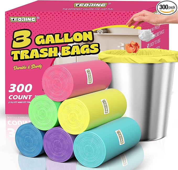 Small 3 Gallon Trash Bags Unscented, 0.78 Mil, Colored, 300 Count | 12 Liter Garbage Bag, Plastic Waste Basket Can Liners, Durable, Leakproof, Tear Resistant, for Bathroom Office Car Bulk