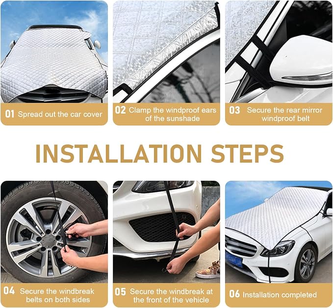 Car Windshield Snow Cover, Scratch-resistant Thickened Hood Protector, Multi-functional Snowproof & Heat Block Sunshade, Universal for Most SUVs, Sedans, Off-roads (Silver)