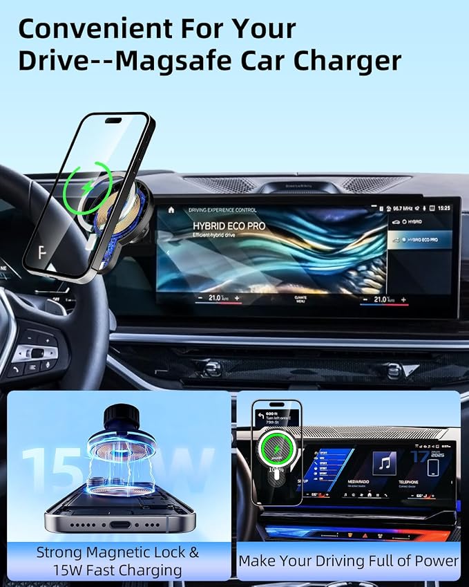 PZK Car Phone Mount for BMW X5 X6 2024-2026 & BMW X7 2023-2026 Accessories | Magnetic 15W Fast Wireless Charger Car Phone Holder Custom 14.9-inch Screen 360° Rotation with Storage Box Not Block Vent