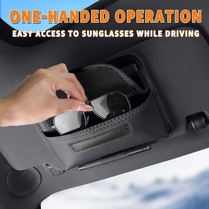 Car Visor Organizer – Sun Visor Storage Pouch Holder for Vehicle Truck SUV, PU Leather Auto Interior Accessories for Registration Document, Gas Card & Sunglasses, Universal Fit (Black)