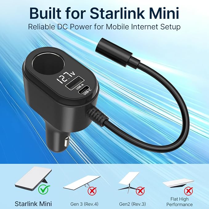 Starlink Mini Car Adapter, 12V to 24V Vehicle Power Supply with 30V 2A DC Output, 4-in-1 Starlink Mini Car Charger with USB-C, USB-A, 120W Socket & LED Display for RV, Camping, Truck, SUV
