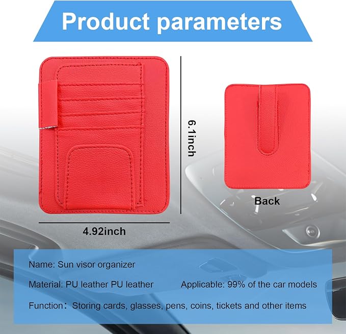 Car Sun Visor Organizer, Small Auto Visor Organizer and Storage, Registration and Document Holder, Vehicle Accessories for Sunglasses, Document, Card, Pen, Driver License (Red)