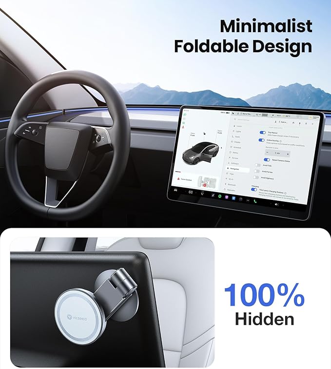 Tesla Phone Mount【Strongest Magnet Power】 Foldable Hidden Tesla Phone Holder Fit for All Phones, Tesla Model 3/Y/Cybertruck Accessories, Tesla Model 3 Model Y for MagSafe Car Mount - White
