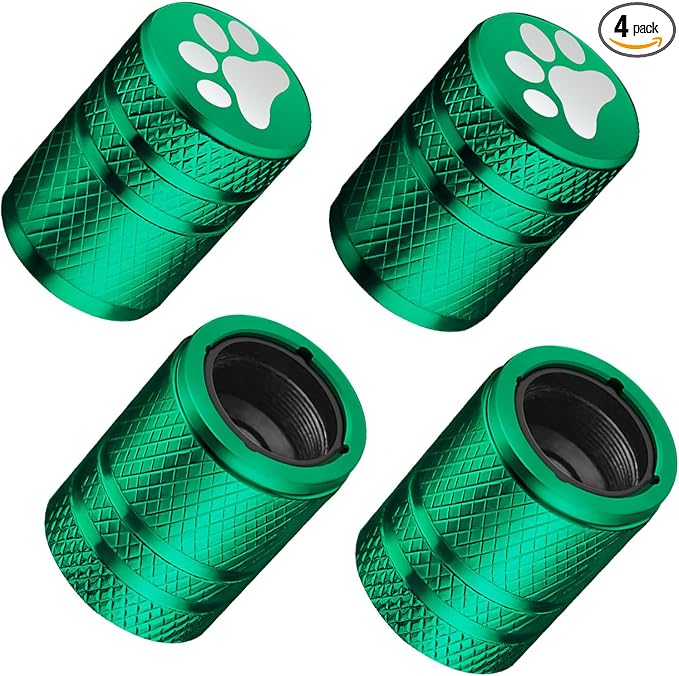 Tire Valve Stem Caps - (4 Pack) Cat Paw Print Metal Air Caps with Plastic Liner, Durable, Corrosion Resistant and Leak-Proof, Universal Fit for Cars, Trucks, Motorcycles, and Bikes - Green