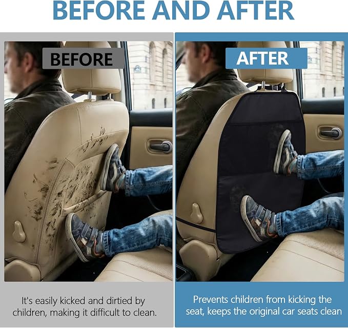 2PCS Kick Mats Back Seat Protector, Waterproof Oxford Car Front Seatback Protector for Kids, Seat Back Kick Mat Organizer with 2 Mesh Pockets, Universal Car Accessories (with Pocket)