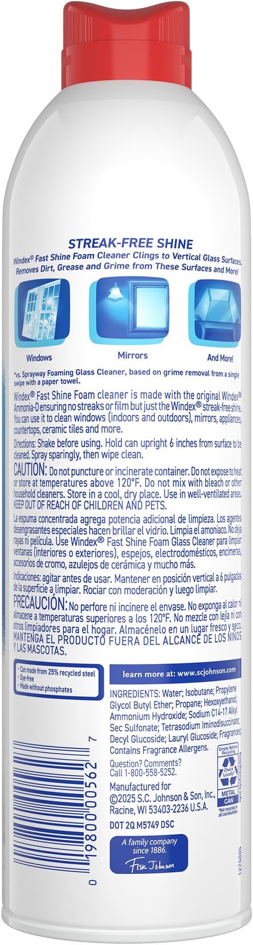 Fast Shine Foam Glass Cleaner, No-Drip Windows, Doors, Mirrors, Countertops Aerosol Cleaning Spray, Streak-Free Shine, Removes Fingerprints, Dust, Dirt, Grapefruit Scent, 19 oz (Pack of 6)