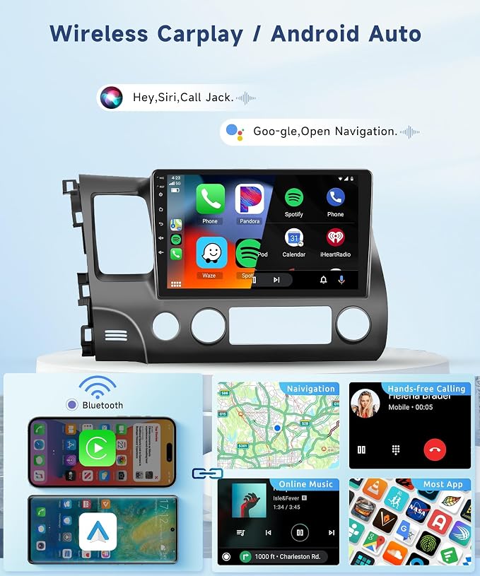 5GHz-WiFi 2G+64G Car Stereo for Honda Civic 2006 2007 2008 2009 2010 2011 with Wireless Carplay Android Auto, 10.1" Touchscreen Android 15 Car Radio Support Bluetooth EQ GPS USB AHD Backup Camera
