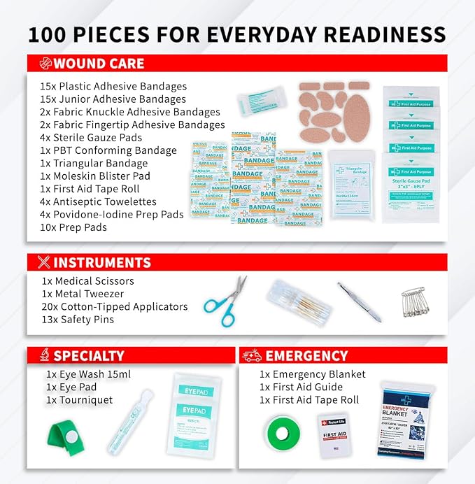 Doctor Developed Mini First Aid Kit, 100 Piece Waterproof Emergency Kit for Car, Boat, Camping & Travel, Includes Emergency Blanket, Tourniquet & First Aid Guide