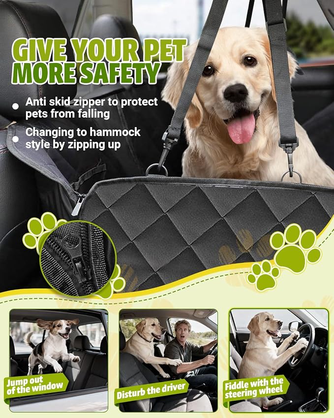 Dog Car Seat Cover, Heavy Durable Dog Seat Cover for Back Seat, 100% Waterproof Scratch Proof Nonslip Dog Hammock for Car with Side Flap, Pet Back Seat Covers Large 60" W x 64" L