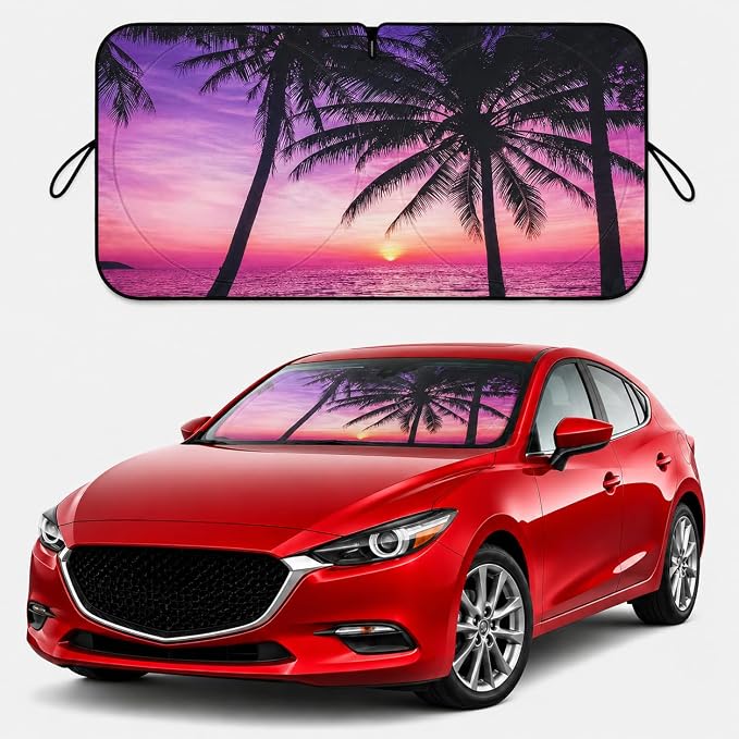 Car Windshield Sun Shade, Universal Fit Compact Sedan SUV, Vacation Style | 59 x 27.5" Car Sun Visor, Foldable Front Window Sunshade, UV Heat Blocker