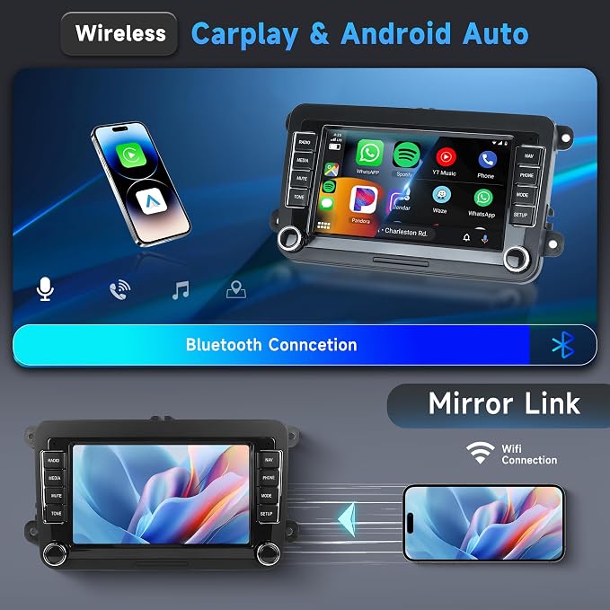 4G+64G Android Car Stereo for VW Passat Golf MK5 MK6 Jetta T5 EOS Polo Touran Seat Sharan Wireless Carplay Android Auto, 7'' Touchscreen Car Radio with GPS Bluetooth 5G-WiFi FM 32EQ DSP Rear Camera