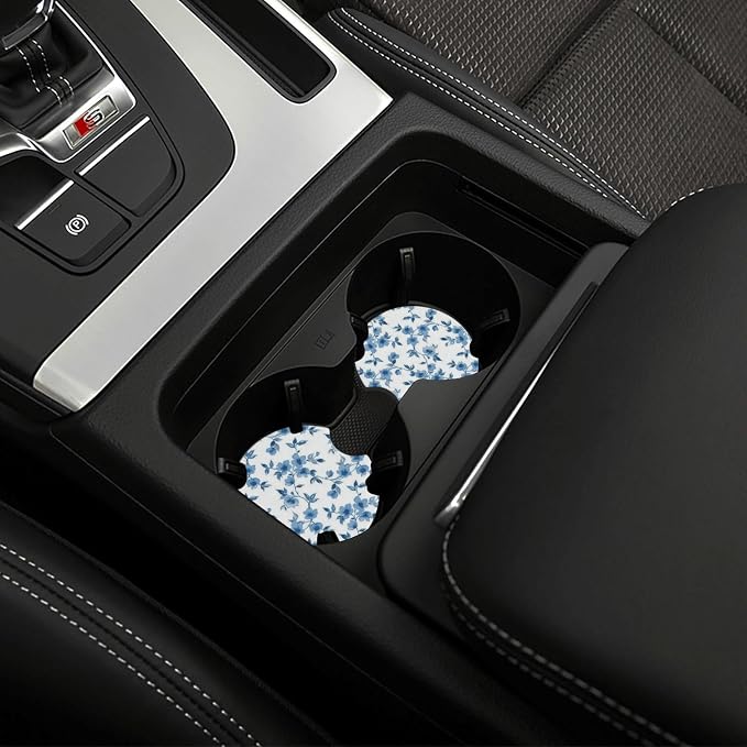 Cute Floral Steering Wheel Cover 15 in + 2pc Blue Flowers Car Coasters | Anti-Slip Breathable Universal for Car Suitable for Men Women Florals