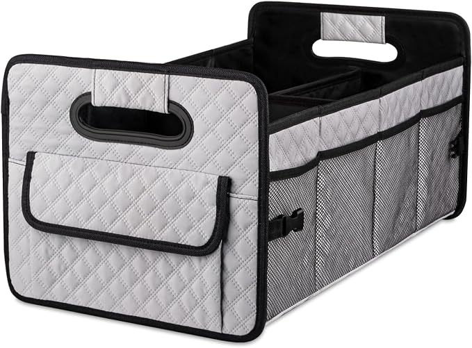 Car Trunk Organizers and Storage for SUV, Collapsible Multi Compartment Container Box Adjustable Car Accessories for Women Men, Light Grey