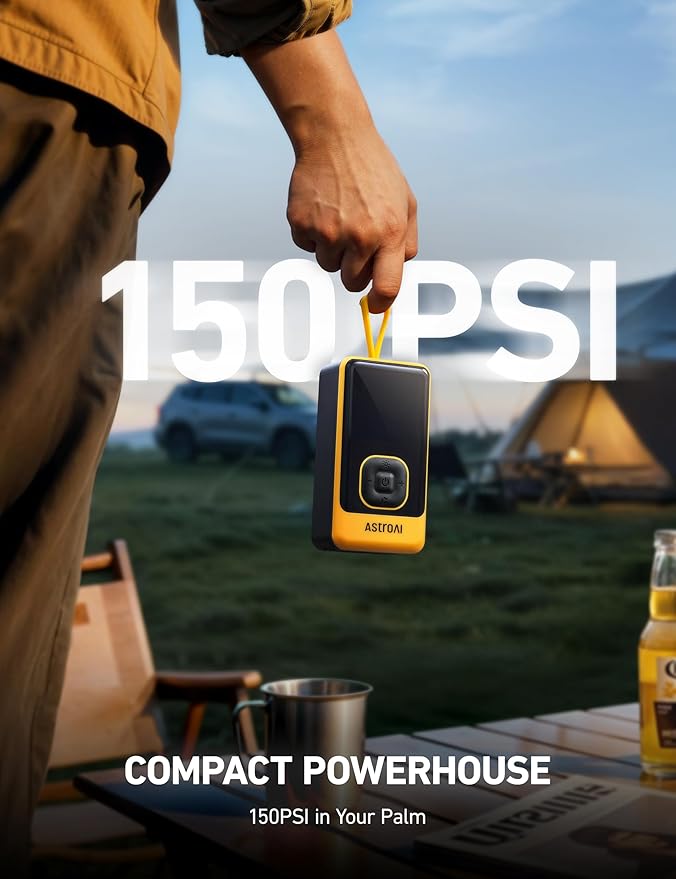 L7 Air Tire Inflator Portable Air Compressor, 150PSI Electric Cordless Car Pump with Digital Gauge, Fast 1-Min Inflation, Auto Shutoff, LED Light for Car, SUV, Motorcycle & Bike Tires, Yellow