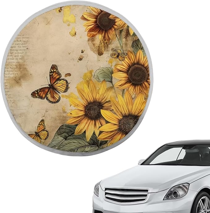 Sunflower Butterfly Steering Wheel Cover Sun Shade 17 inch Cooling Steering Wheel Sun Cover for Heat Protection Universal Auto Accessories Heat Reflector Fit Most Cars SUV Trucks Van
