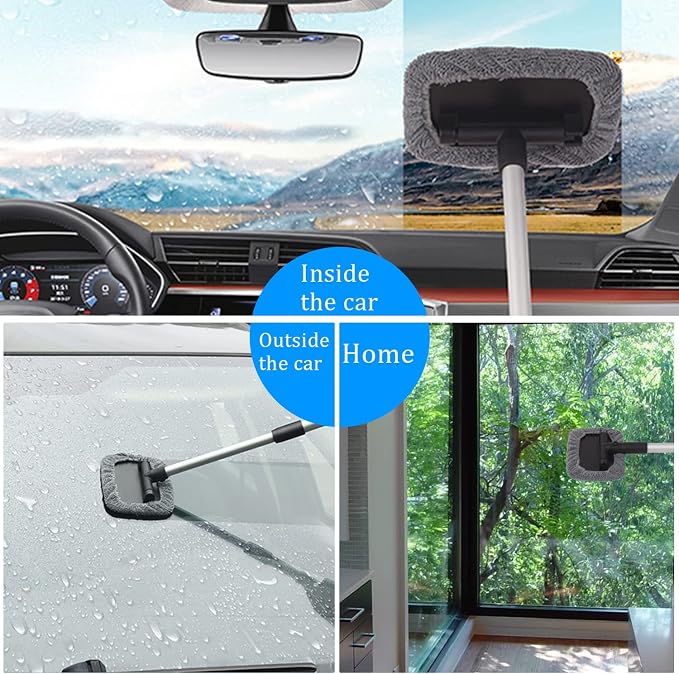 Car Glass Cleaner Wiper,Windshield Cleaning Tool, Microfiber Window Cleaner with Extendable Handle,Auto Glass Wiper Kit(Orange Square)