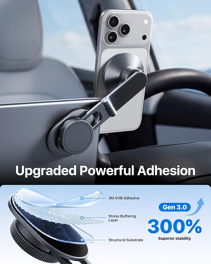 3rd Gen Tesla Phone Mount 【Upgrade Adhesive & Upgrade Stongest Magnet】 Phone Holder for Tesla New Model Y Juniper Model 3, 360° Adjustable Tesla Phone Holder fits iPhone 17 16 15 14 Pro Max