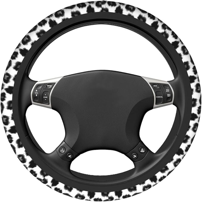 Grey Leopard Print Steering Wheel Cover 15 Inch Grey Cheetah Steering Wheel Cover Anti-Slip Breathable Universal 2 Pcs Car Interior Cup Holder Pad for Men Women