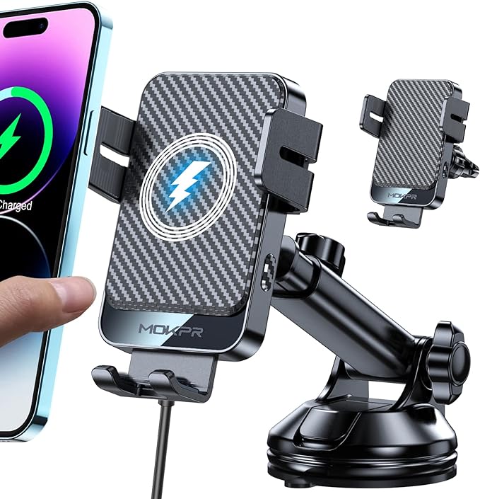Wireless Car Charger, 15W Fast Charging Auto-Clamping Car Mount Universal Hands-Free Car Charger Mount for Dash Windshield Air Vent Compatible with iPhone 16 15/14/13/12, Samsung S23/S22/S21,etc