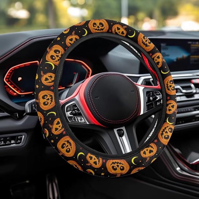 Halloween Car Steering Wheel Cover 15 Inch Universal Breathable Soft Anti-Slip Auto Accessories Steering Wheel Protector Fit for Most Vehicles, Pumpkin Moon Star