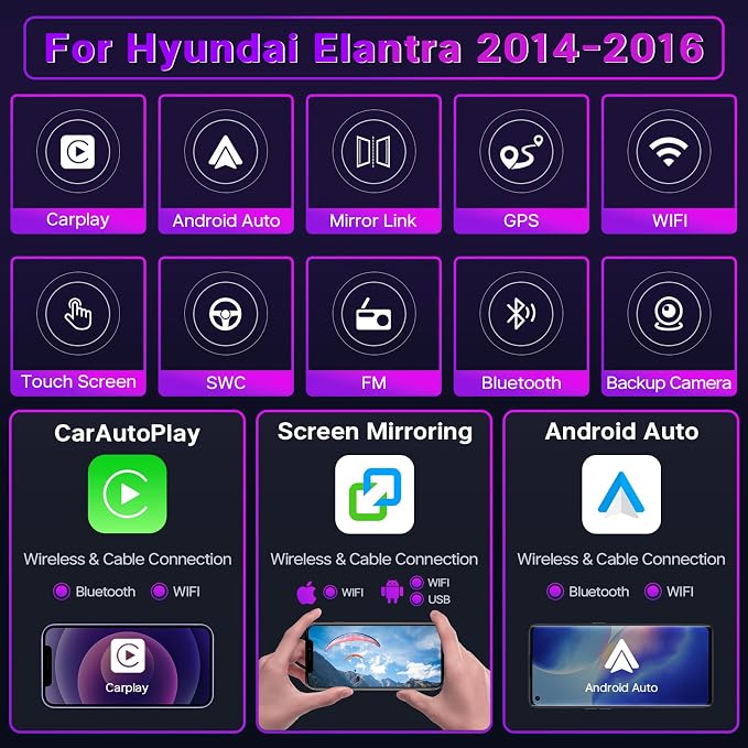 2+32G Android Car Stereo for Hyundai Elantra 2014 2015 2016 Radio Support with Wireless Apple Carplay Android Auto, 9'' Touchscreen in-Dash Bluetooth WiFi GPS Navigation Backup Camera