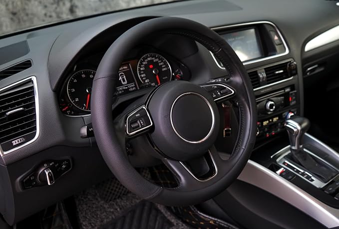 Microfiber Leather Steering Wheel Cover, Breathable Anti Slip Universal 14.5-15 inch Car Interior Accessories for Women Men, Black