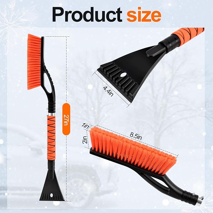 27" Heavy Duty Snow Brush and Ice Scraper | Scratch-Free Bristle Head & Detachable Scraper with Aluminum Body and Ergonomic Grip | Snow Removal Winter Car Accessories