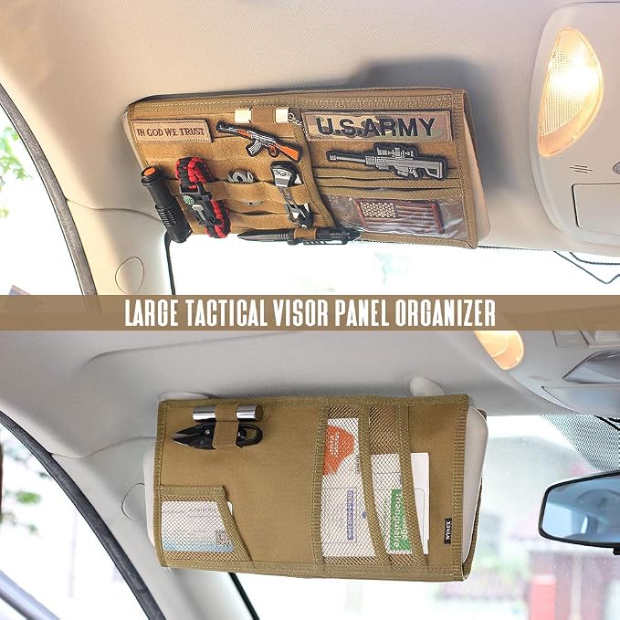 Car Visor Organizer with Double-Sided MOLLE Panel, Universal Vehicle Sun Visor Storage for Essentials & Gear, Compatible with Cars, Pickup Trucks, Vans, SUVs