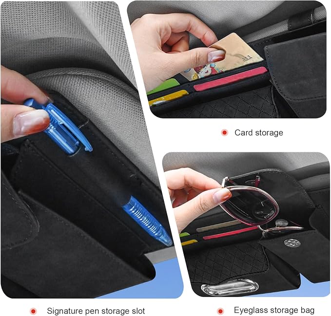 Car Sun Visor Organizer, Multi-compartment Storage Clip for Tissues ID Cards Sunglasses, Suede-like Premium Vehicle Visor Decorative Accessories, Universal for Most Vehicles (Black)