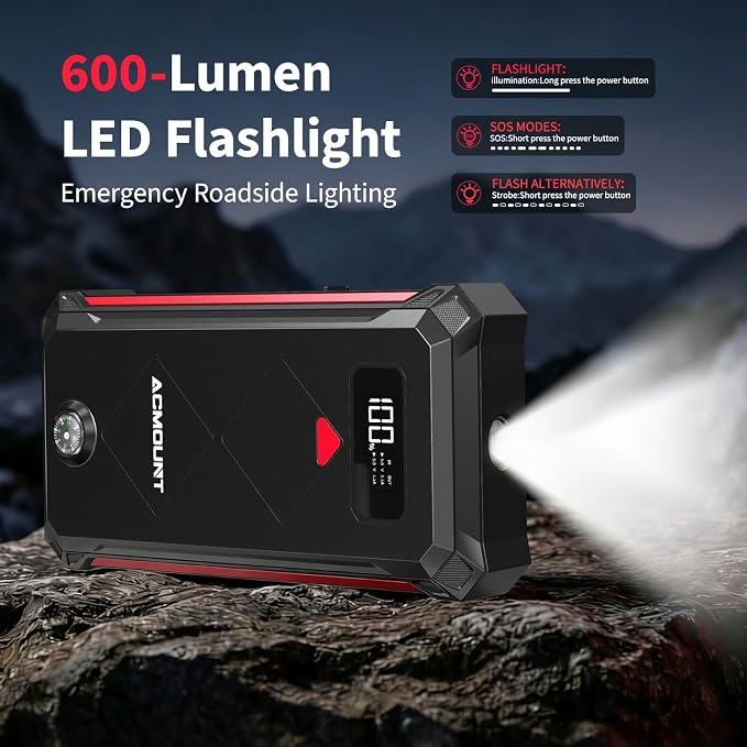 P100 Car Jump Starter, 5000A Peak Lithium Jump Starter Battery Pack for Up to 10.0L Gas or 8.0L Diesel Engine, Safe 12V Portable Battery Starter Power Pack with LED Screen & LED Light