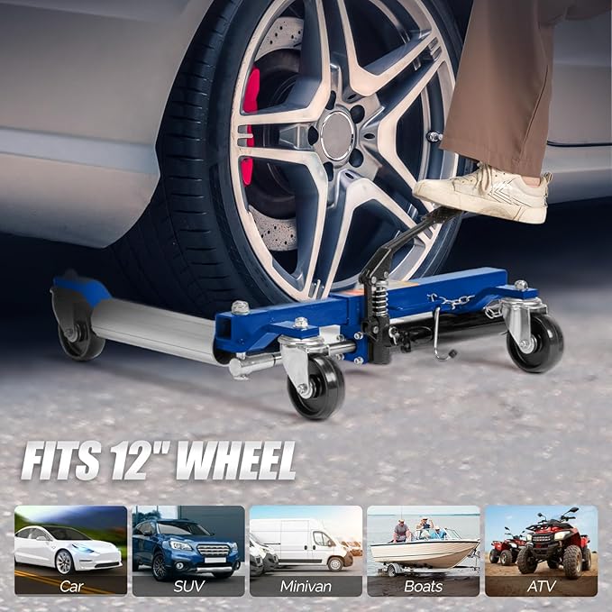 Car Wheel Dolly Jack Set of 2, Hydraulic 1500-lbs Car Skates, 12'' Wheel Vehicle Positioning Jack, Heavy Duty Rollers with Foot Pedal for Tire Auto Repair Moving, Blue