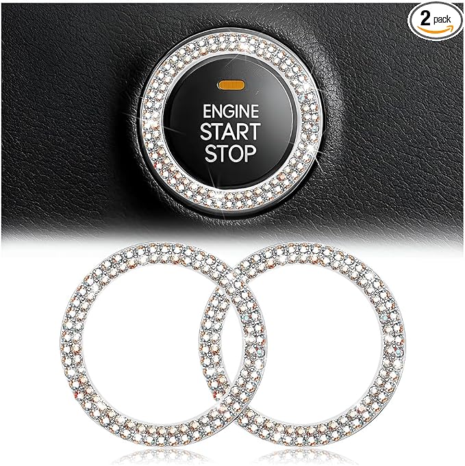 Car Bling Crystal Rhinestone Engine Start Ring Decals, 2 Pack Car Push Start Button Cover/Sticker, Key Ignition Knob Bling Ring, Sparkling Car Interior Accessories for Women (Double Multicolor)