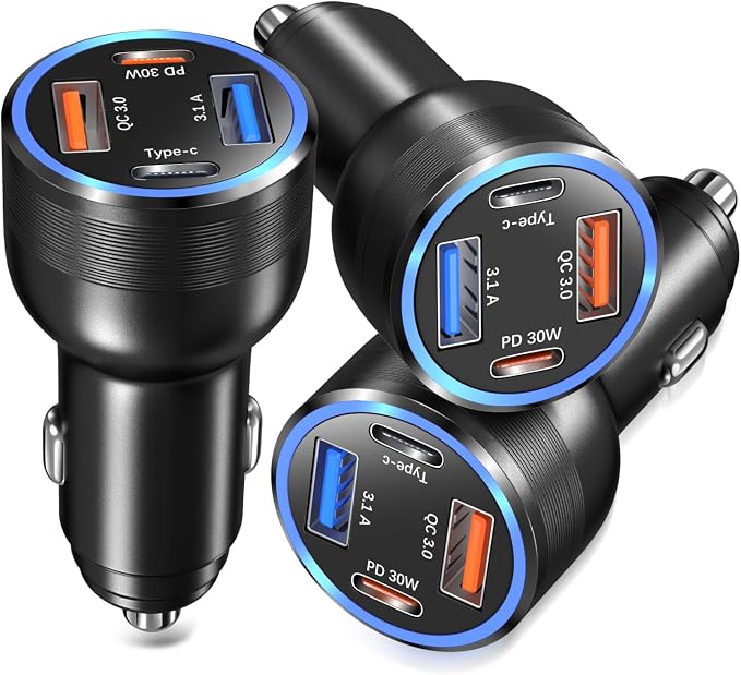 USB C Car Charger 3 Pack, 4-Port 65W Dual 12V USB-C & USB A Car Charger Power Adapter QC+PD 3.0 Fast Charging Cigarette Lighter Plug for iPhone 16/15/14/13/11 Pro,Samsung S24,Android(Black)