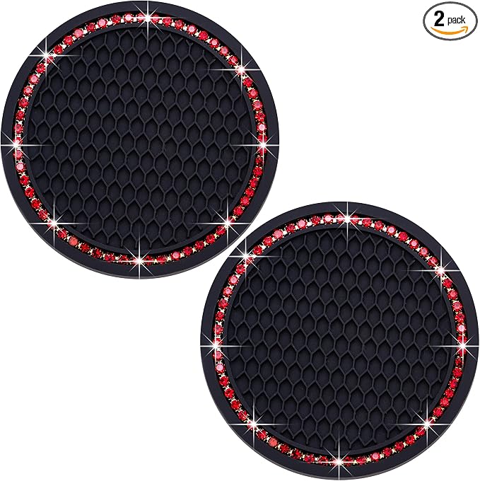 2PCS Bling Cup Holder Coaster, 2.75 Inch Auto Car Cup Holder Insert Coasters, Soft Silicone Anti-Slip Shockproof, Universal Vehicle Interior Accessories for Women Girls (Black & Red)