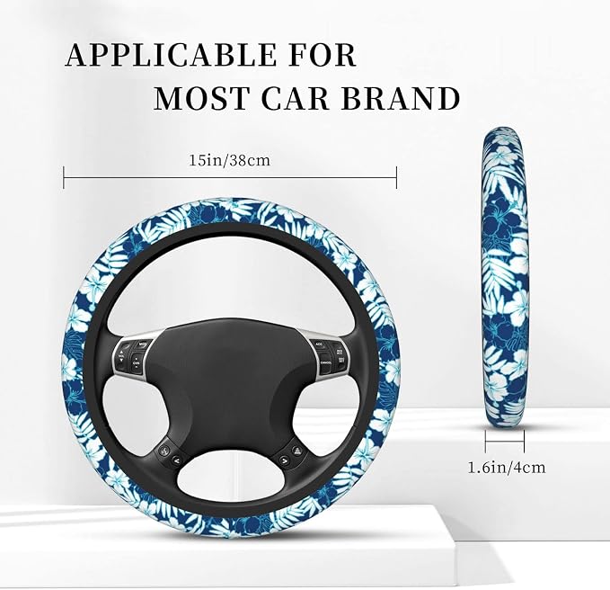 Hawaiian Hibiscus Flower Steering Wheel Cover Non-Slip Auto Steering Wheel Protector Car Accessories Universal Fit 15 Inches for Men Women