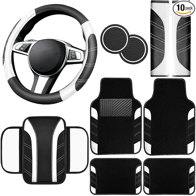10 Pcs Car Floor Mats Full Set & Sport Leather Steering Wheel Cover 14.5-15 inch, Center Console Cover, Seat Belt Cushion, Cup Holder Coaster, Universal Automobile Interior Sets (White)