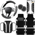 10 Pcs Car Floor Mats Full Set & Sport Leather Steering Wheel Cover 14.5-15 inch, Center Console Cover, Seat Belt Cushion, Cup Holder Coaster, Universal Automobile Interior Sets (White)