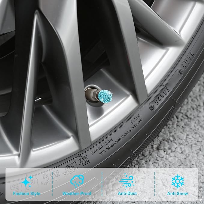 4 Pack Handmade Crystal Rhinestone Car Tire Valve Stem Caps, Car Wheel Tire Valve, Attractive Dustproof Bling Car Accessories, Universal for Cars, Trucks and Motorcycles-Pale Blue